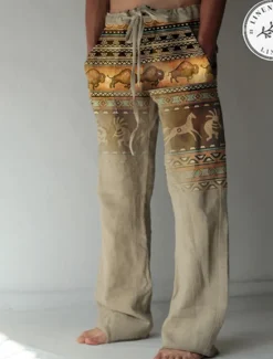 Outlet OUKU Men's Graphic Prints Linen Pants Baggy Pants Mid Waist Streetwear Hawaiian Designer Casual Daily Holiday Drawstring Elastic Waist Front Pocket Spring & Summer 3D Print Green Khaki Gray