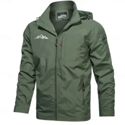 Hot OUKU Men's Graphic Prints Mountain Jacket Raincoat Shell Jacket Waterproof Lightweight Casual Sports Outdoor Camping & Hiking Embroidered Side Pockets Zip Front Fall Winter Hooded Long Sleeve Black Green