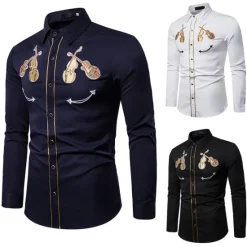 Online OUKU Men's Graphic Prints Musical Instrument Shirt Western Shirt Cowboy Shirt Long Sleeve Sports Fashion Streetwear Outdoor Daily Fall & Winter Turndown Print Button-Down Black White Navy Blue
