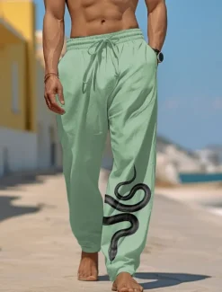 Online OUKU Men's Graphic Prints Snake Trousers Summer Pants Beach Pants Mid Waist Streetwear Hawaiian Designer Casual Daily Holiday Drawstring Elastic Waist 3D Print Spring & Summer 3D Print White Blue Green