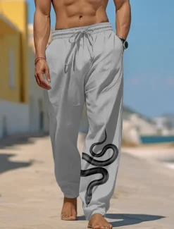 Online OUKU Men's Graphic Prints Snake Trousers Summer Pants Beach Pants Mid Waist Streetwear Hawaiian Designer Casual Daily Holiday Drawstring Elastic Waist 3D Print Spring & Summer 3D Print White Blue Green