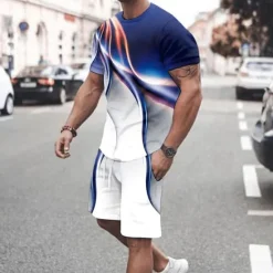 Sale OUKU Men's Graphic Prints Technology 2pcs Tees sets Matching Sets Short Sleeve Short Pants Crew Neck Basic Classic Comfortable Outdoor Street Daily 3D Print Summer Spring Black / Gray Gray Blue