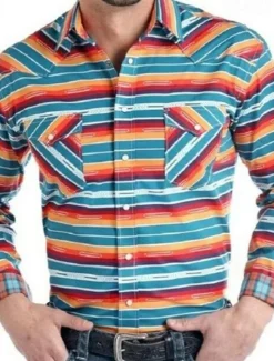 OUKU Men's Graphic Prints Vintage Geometry Shirt Western Shirt Cowboy Shirt Long Sleeve Fashion Streetwear Designer Outdoor Daily Fall & Winter Turndown Print Button-Down Red Blue Orange Green