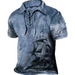 Best OUKU Men's Graphic Prints Vintage Boat Polo Shirt Golf Shirt Short Sleeve Shirt Turndown Outdoor Street Blue Brown Green Khaki Drawstring Print Clothing Apparel Sports Fashion Streetwear Designer