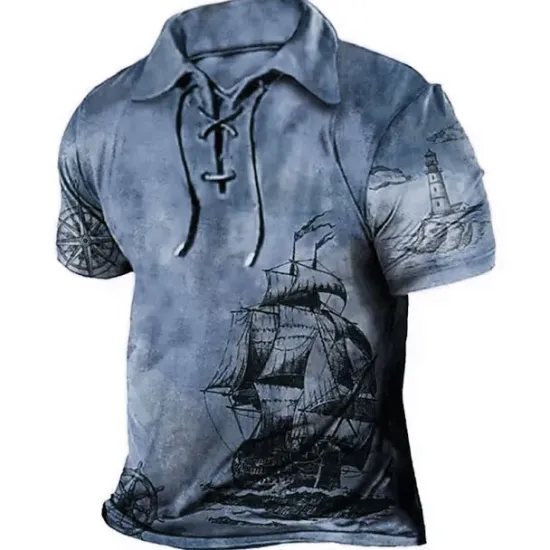 Best OUKU Men's Graphic Prints Vintage Boat Polo Shirt Golf Shirt Short Sleeve Shirt Turndown Outdoor Street Blue Brown Green Khaki Drawstring Print Clothing Apparel Sports Fashion Streetwear Designer