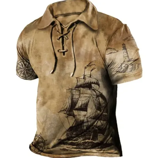 Best OUKU Men's Graphic Prints Vintage Boat Polo Shirt Golf Shirt Short Sleeve Shirt Turndown Outdoor Street Blue Brown Green Khaki Drawstring Print Clothing Apparel Sports Fashion Streetwear Designer