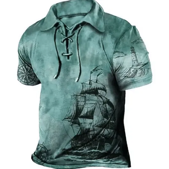 Best OUKU Men's Graphic Prints Vintage Boat Polo Shirt Golf Shirt Short Sleeve Shirt Turndown Outdoor Street Blue Brown Green Khaki Drawstring Print Clothing Apparel Sports Fashion Streetwear Designer