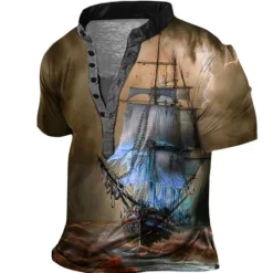 Hot OUKU Men's Graphic Ship Henley Shirt Short Sleeve 3D Print Fashion Casual Comfortable Outdoor Daily Going out Summer Dark Brown Pink Red Navy Blue Blue Henley Henley T-Shirt