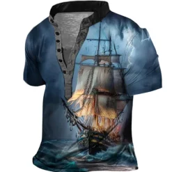 Hot OUKU Men's Graphic Ship Henley Shirt Short Sleeve 3D Print Fashion Casual Comfortable Outdoor Daily Going out Summer Dark Brown Pink Red Navy Blue Blue Henley Henley T-Shirt