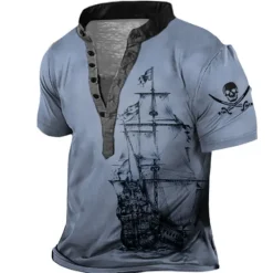 Hot OUKU Men's Graphic Ship Henley Shirt Short Sleeve 3D Print Fashion Casual Comfortable Outdoor Daily Going out Summer Dark Brown Pink Red Navy Blue Blue Henley Henley T-Shirt