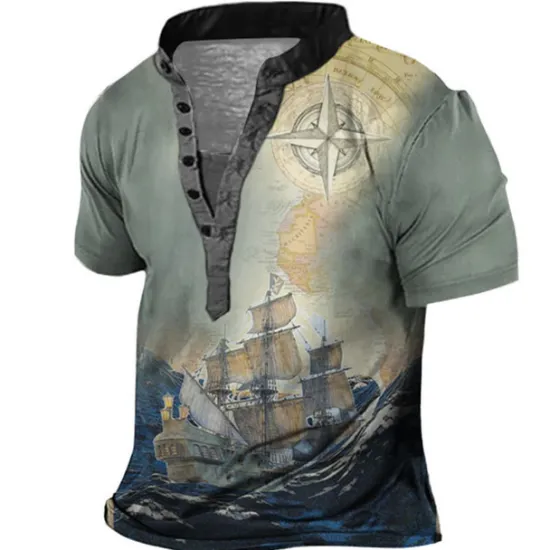 Hot OUKU Men's Graphic Ship Henley Shirt Short Sleeve 3D Print Fashion Casual Comfortable Outdoor Daily Going out Summer Dark Brown Pink Red Navy Blue Blue Henley Henley T-Shirt