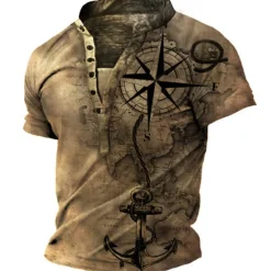 Hot OUKU Men's Graphic Ship Henley Shirt Short Sleeve 3D Print Fashion Casual Comfortable Outdoor Daily Going out Summer Dark Brown Pink Red Navy Blue Blue Henley Henley T-Shirt