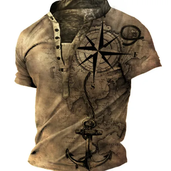 Hot OUKU Men's Graphic Ship Henley Shirt Short Sleeve 3D Print Fashion Casual Comfortable Outdoor Daily Going out Summer Dark Brown Pink Red Navy Blue Blue Henley Henley T-Shirt