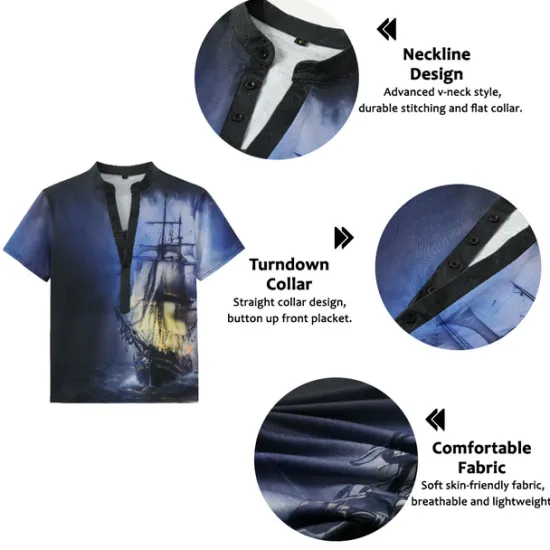 Hot OUKU Men's Graphic Ship Henley Shirt Short Sleeve 3D Print Fashion Casual Comfortable Outdoor Daily Going out Summer Dark Brown Pink Red Navy Blue Blue Henley Henley T-Shirt