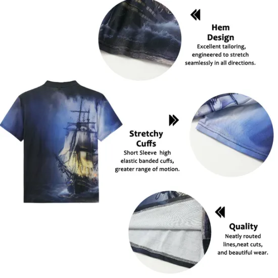 Hot OUKU Men's Graphic Ship Henley Shirt Short Sleeve 3D Print Fashion Casual Comfortable Outdoor Daily Going out Summer Dark Brown Pink Red Navy Blue Blue Henley Henley T-Shirt