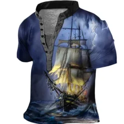 Hot OUKU Men's Graphic Ship Henley Shirt Short Sleeve 3D Print Fashion Casual Comfortable Outdoor Daily Going out Summer Dark Brown Pink Red Navy Blue Blue Henley Henley T-Shirt