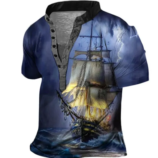 Hot OUKU Men's Graphic Ship Henley Shirt Short Sleeve 3D Print Fashion Casual Comfortable Outdoor Daily Going out Summer Dark Brown Pink Red Navy Blue Blue Henley Henley T-Shirt