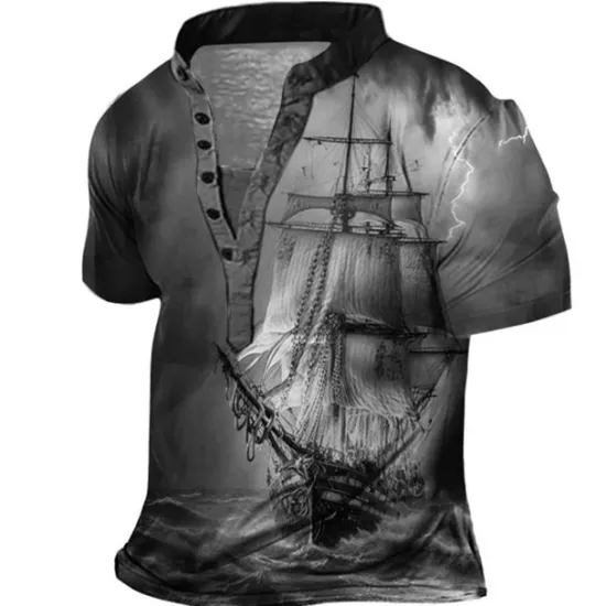 Hot OUKU Men's Graphic Ship Henley Shirt Short Sleeve 3D Print Fashion Casual Comfortable Outdoor Daily Going out Summer Dark Brown Pink Red Navy Blue Blue Henley Henley T-Shirt