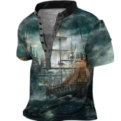 Hot OUKU Men's Graphic Ship Henley Shirt Short Sleeve 3D Print Fashion Casual Comfortable Outdoor Daily Going out Summer Dark Brown Pink Red Navy Blue Blue Henley Henley T-Shirt