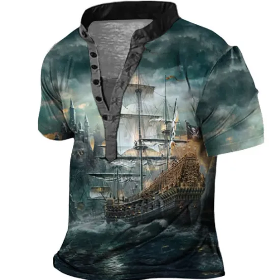 Hot OUKU Men's Graphic Ship Henley Shirt Short Sleeve 3D Print Fashion Casual Comfortable Outdoor Daily Going out Summer Dark Brown Pink Red Navy Blue Blue Henley Henley T-Shirt