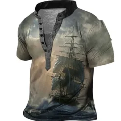 Hot OUKU Men's Graphic Ship Henley Shirt Short Sleeve 3D Print Fashion Casual Comfortable Outdoor Daily Going out Summer Dark Brown Pink Red Navy Blue Blue Henley Henley T-Shirt