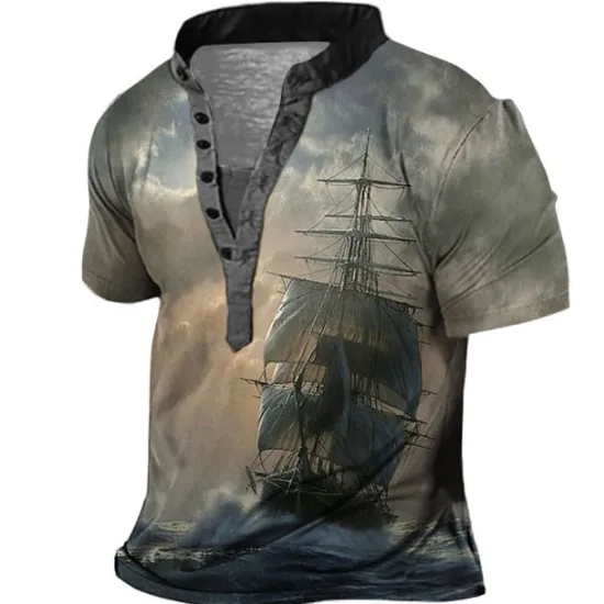 Hot OUKU Men's Graphic Ship Henley Shirt Short Sleeve 3D Print Fashion Casual Comfortable Outdoor Daily Going out Summer Dark Brown Pink Red Navy Blue Blue Henley Henley T-Shirt