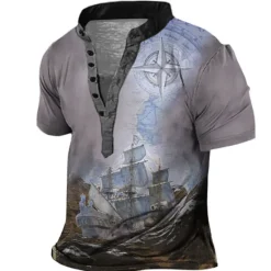 Hot OUKU Men's Graphic Ship Henley Shirt Short Sleeve 3D Print Fashion Casual Comfortable Outdoor Daily Going out Summer Dark Brown Pink Red Navy Blue Blue Henley Henley T-Shirt
