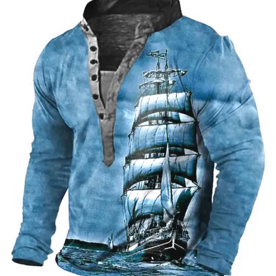 Sale OUKU Men's Graphic Ship Henley Shirt Tee Long Sleeve 3D Print Vintage Fashion Designer Outdoor Casual Daily Spring & Fall Blue Brown Green Gray Henley Henley T-Shirt