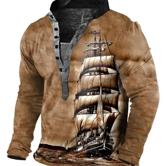 Sale OUKU Men's Graphic Ship Henley Shirt Tee Long Sleeve 3D Print Vintage Fashion Designer Outdoor Casual Daily Spring & Fall Blue Brown Green Gray Henley Henley T-Shirt