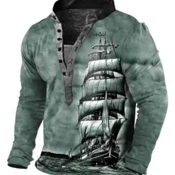 Sale OUKU Men's Graphic Ship Henley Shirt Tee Long Sleeve 3D Print Vintage Fashion Designer Outdoor Casual Daily Spring & Fall Blue Brown Green Gray Henley Henley T-Shirt