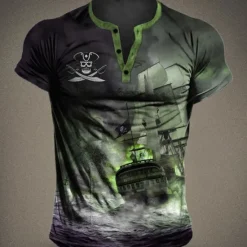 OUKU Men's Graphic Ship Pirate Henley Shirt Short Sleeve 3D Print Fashion Designer Comfortable Outdoor Daily Summer Blue Brown Green Gray Henley Henley T-Shirt
