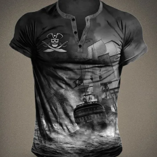 OUKU Men's Graphic Ship Pirate Henley Shirt Short Sleeve 3D Print Fashion Designer Comfortable Outdoor Daily Summer Blue Brown Green Gray Henley Henley T-Shirt