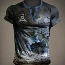 OUKU Men's Graphic Ship Pirate Henley Shirt Short Sleeve 3D Print Fashion Designer Comfortable Outdoor Daily Summer Blue Brown Green Gray Henley Henley T-Shirt