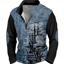Outlet OUKU Men's Graphic Ship Sweatshirt Vintage Retro Long Sleeve High Neck Vacation Streetwear Blue Green Zipper Quarter Zip Fall Winter Designer