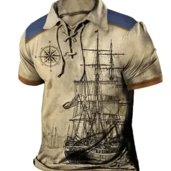 Online OUKU Mens Graphic Shirt Polo Golf Prints Vintage Sailboat Turndown Outdoor Street Short Sleeve Drawstring Clothing Apparel Sports Compass Vacation White Cotton Nautical Khaki