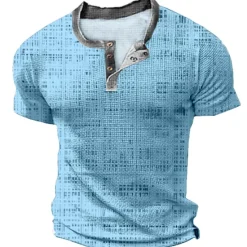 New OUKU Mens Graphic Shirt Squares Casual 3D Blue Summer Cotton Waffle Henley Tee Clothing Apparel Print Outdoor Short Sleeve Button Fashion Designer Green