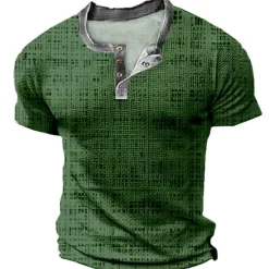 New OUKU Mens Graphic Shirt Squares Casual 3D Blue Summer Cotton Waffle Henley Tee Clothing Apparel Print Outdoor Short Sleeve Button Fashion Designer Green