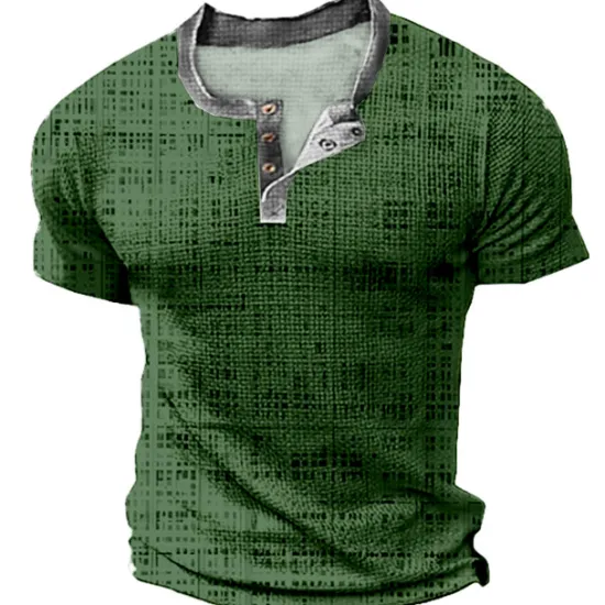 New OUKU Mens Graphic Shirt Squares Casual 3D Blue Summer Cotton Waffle Henley Tee Clothing Apparel Print Outdoor Short Sleeve Button Fashion Designer Green