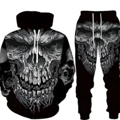 OUKU Men's Graphic Skull 2pcs 3D Sweatshirt Sets Tracksuit Hoodies Long Sleeve Long pants Hooded Streetwear Designer Basic Sports & Outdoor Casual Sports Print Spring Fall Black Brown Light Grey