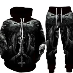 OUKU Men's Graphic Skull 2pcs 3D Sweatshirt Sets Tracksuit Hoodies Long Sleeve Long pants Hooded Streetwear Designer Basic Sports & Outdoor Casual Sports Print Spring Fall Black Brown Light Grey