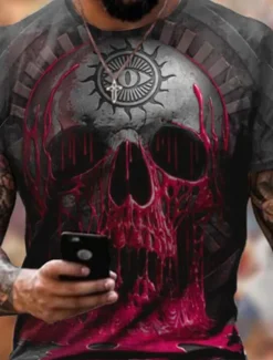 New OUKU Men's Graphic Skull Shirt T Shirt Halloween Shirt Tee Short Sleeve T shirt 3D Print Crew Neck Shirt Designer Basic Slim Fit Casual Daily Weekend Black Red Green Summer Clothing Apparel Plus Size S M