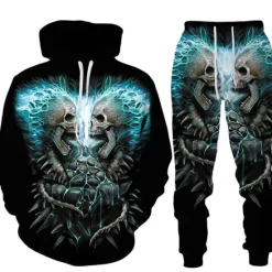 Hot OUKU Men's Graphic Skull Skeleton 2pcs 3D Sweatshirt Sets Tracksuit Hoodies Long Sleeve Long pants Hooded Streetwear Designer Basic Sports & Outdoor Casual Sports Print Spring Fall Black Blue Orange