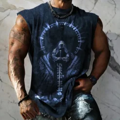 Hot OUKU Men's Graphic Skull Skeleton Vest Top Sleeveless T Shirt for Men Sleeveless Cap Sleeve T shirt 3D Print Crew Neck Shirt Fashion Designer Muscle Daily Sports Gym Black Blue Dark Blue Spring & Summer