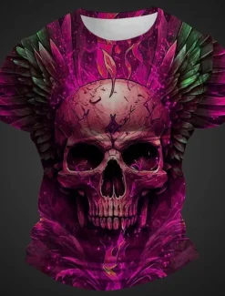New OUKU Men's Graphic Skull T Shirt Short Sleeve T shirt 3D Print Crew Neck Shirt Daily Designer Retro Vintage Sports Outdoor Holiday Going out Pink Red Burgundy Spring & Summer Clothing Apparel S M L XL 2XL