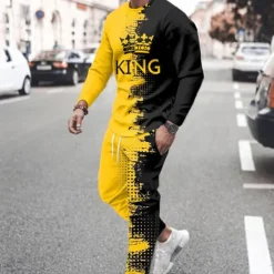 Best OUKU Men's Graphic Splicing 2pcs 3D Sweatshirt Sets Tracksuit Long Sleeve Long pants Crew Neck Streetwear Sportswear Basic Sports & Outdoor Casual Sports Print Spring Fall Black And White Black Yellow