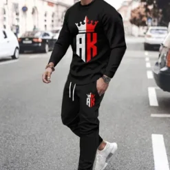 Best OUKU Men's Graphic Splicing 2pcs 3D Sweatshirt Sets Tracksuit Long Sleeve Long pants Crew Neck Streetwear Sportswear Basic Sports & Outdoor Casual Sports Print Spring Fall Black And White Black Yellow