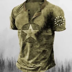 Sale OUKU Men's Graphic Star Henley Shirt Tee Short Sleeve 3D Print Fashion Designer Comfortable Outdoor Casual Daily Summer Blue Brown Green Army Green Henley Henley T-Shirt