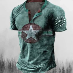 Sale OUKU Men's Graphic Star Henley Shirt Tee Short Sleeve 3D Print Fashion Designer Comfortable Outdoor Casual Daily Summer Blue Brown Green Army Green Henley Henley T-Shirt