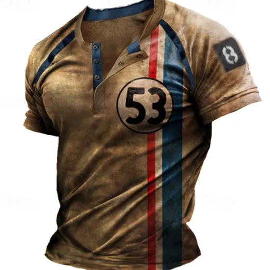 New OUKU Men's Graphic Striped Letter T shirt Henley Shirt Short Sleeve 3D Print Fashion Basic Classic Street Casual Daily Summer Blue Purple Brown Green Henley Henley T-Shirt