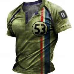 New OUKU Men's Graphic Striped Letter T shirt Henley Shirt Short Sleeve 3D Print Fashion Basic Classic Street Casual Daily Summer Blue Purple Brown Green Henley Henley T-Shirt